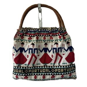 Portugal Embroidered Tapestry Dancers Folk Art Wicker Bound Handle Tote Bag